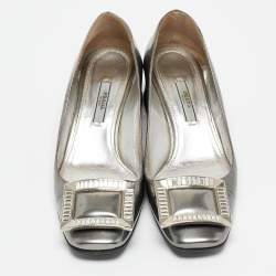 Prada Silver Leather Crystal Buckle Block Heel Pumps  Size 36.5