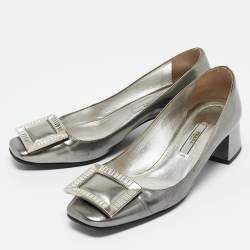 Prada Silver Leather Crystal Buckle Block Heel Pumps  Size 36.5