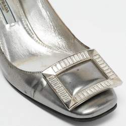 Prada Silver Leather Crystal Buckle Block Heel Pumps  Size 36.5