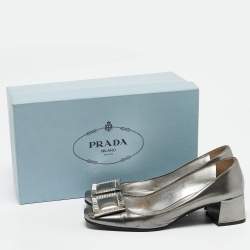 Prada Silver Leather Crystal Buckle Block Heel Pumps  Size 36.5