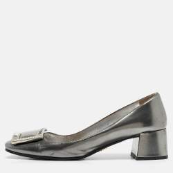 Prada Silver Leather Crystal Buckle Block Heel Pumps  Size 36.5