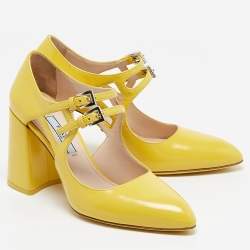 مملوكة مسبقًا Prada Yellow Leather Mary Jane Block Heel Pumps Size 34