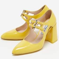مملوكة مسبقًا Prada Yellow Leather Mary Jane Block Heel Pumps Size 34