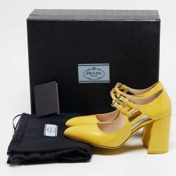 مملوكة مسبقًا Prada Yellow Leather Mary Jane Block Heel Pumps Size 34