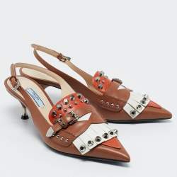 Prada Multicolor Leather Fringed Studded Slingback Pumps Size 37