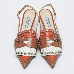 Prada Multicolor Leather Fringed Studded Slingback Pumps Size 37