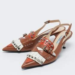Prada Multicolor Leather Fringed Studded Slingback Pumps Size 37