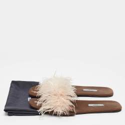 Prada Brown Satin Ostrich Feather Embellished Flat Slides Size 42