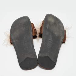 Prada Brown Satin Ostrich Feather Embellished Flat Slides Size 42