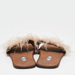 Prada Brown Satin Ostrich Feather Embellished Flat Slides Size 42