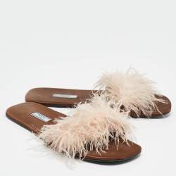 Prada Brown Satin Ostrich Feather Embellished Flat Slides Size 42