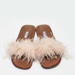 Prada Brown Satin Ostrich Feather Embellished Flat Slides Size 42