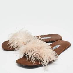 Prada Brown Satin Ostrich Feather Embellished Flat Slides Size 42