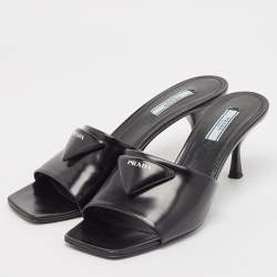 Prada Black Leather Bow  Slides Sandals Size 39.5