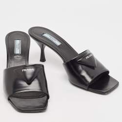 Prada Black Leather Bow  Slides Sandals Size 39.5