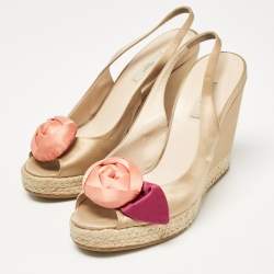 Prada Gold Beige Satin Embellished Slingback Wedge Sandals  Size 37