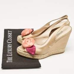 Prada Gold Beige Satin Embellished Slingback Wedge Sandals  Size 37