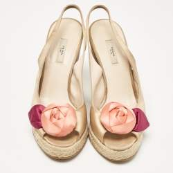 Prada Gold Beige Satin Embellished Slingback Wedge Sandals  Size 37
