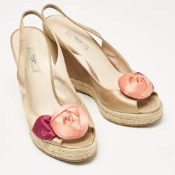 Prada Gold Beige Satin Embellished Slingback Wedge Sandals  Size 37