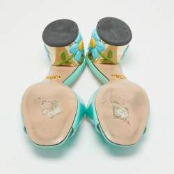 Pre Owned Prada Blue Patent Leather Floral Print Slide Sandals Size 37