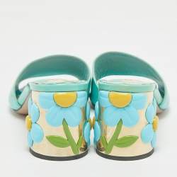 Pre Owned Prada Blue Patent Leather Floral Print Slide Sandals Size 37