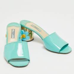 Pre Owned Prada Blue Patent Leather Floral Print Slide Sandals Size 37