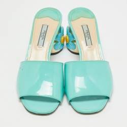 Pre Owned Prada Blue Patent Leather Floral Print Slide Sandals Size 37
