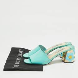 Pre Owned Prada Blue Patent Leather Floral Print Slide Sandals Size 37