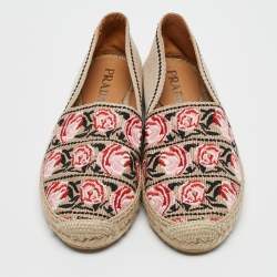 Pre Owned Prada Beige Flower Embroidered Canvas Flat Espadrilles Size 38