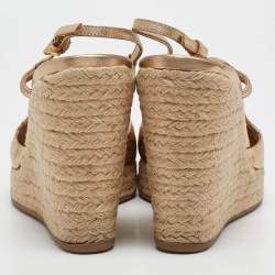 Prada Gold Leather Espadrille Platform Wedge Ankle Strap Sandals Size 39