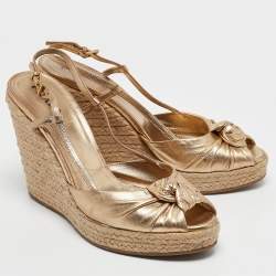 Prada Gold Leather Espadrille Platform Wedge Ankle Strap Sandals Size 39