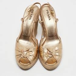 Prada Gold Leather Espadrille Platform Wedge Ankle Strap Sandals Size 39