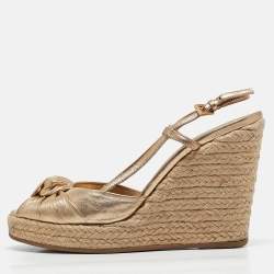Prada Gold Leather Espadrille Platform Wedge Ankle Strap Sandals Size 39