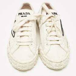 Prada White Canvas Cassetta Lace Up Sneakers Size 38