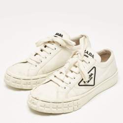 Prada White Canvas Cassetta Lace Up Sneakers Size 38
