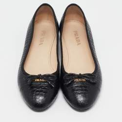 Prada Black Croc Embossed Leather Bow Ballet Flats Size 36.5