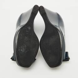 Prada Navy Blue Patent leather Peep Toe Bow Wedge Pumps Size 37.5