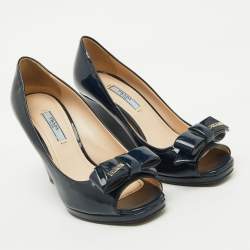 Prada Navy Blue Patent leather Peep Toe Bow Wedge Pumps Size 37.5