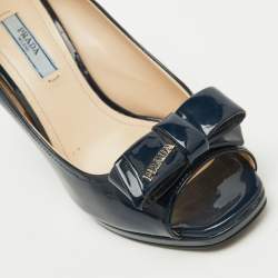 Prada Navy Blue Patent leather Peep Toe Bow Wedge Pumps Size 37.5