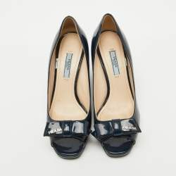 Prada Navy Blue Patent leather Peep Toe Bow Wedge Pumps Size 37.5