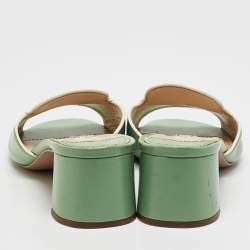 Prada Green Patent Saffiano Leather Block Heel Slide Sandals Size 38