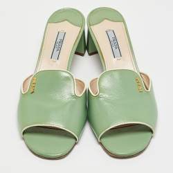 Prada Green Patent Saffiano Leather Block Heel Slide Sandals Size 38