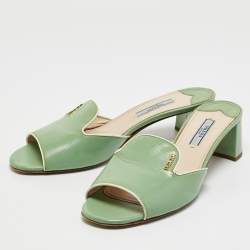 Prada Green Patent Saffiano Leather Block Heel Slide Sandals Size 38
