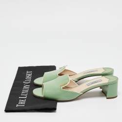 Prada Green Patent Saffiano Leather Block Heel Slide Sandals Size 38