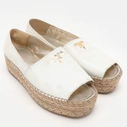 Prada White Leather Open Toe Platform Espadrille Flats Size 40