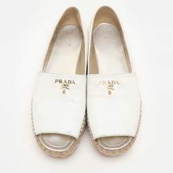 Prada White Leather Open Toe Platform Espadrille Flats Size 40