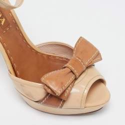 Prada Beige Patent Leather Bow Ankle Strap Sandals Size 37.5