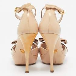 Prada Beige Patent Leather Bow Ankle Strap Sandals Size 37.5