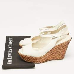 Prada White Leather Platform Wedge Ankle Strap Sandals Size 40