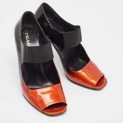 Prada Black/Orange Patent Leather Peep Toe Pumps Size 40.5